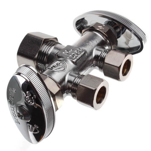 Main product image of 1/2" Nom Compression (5/8" OD) x 3/8" OD Compression x 3/8" OD Compression Dual Straight Supply Stop, Lead Free (Chrome)