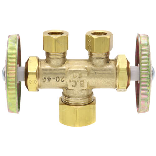 Main product image of 1/2" Nom Compression (5/8" OD) x 3/8" OD Compression x 3/8" OD Compression Dual Straight Supply Stop, Lead Free (Rough Brass)
