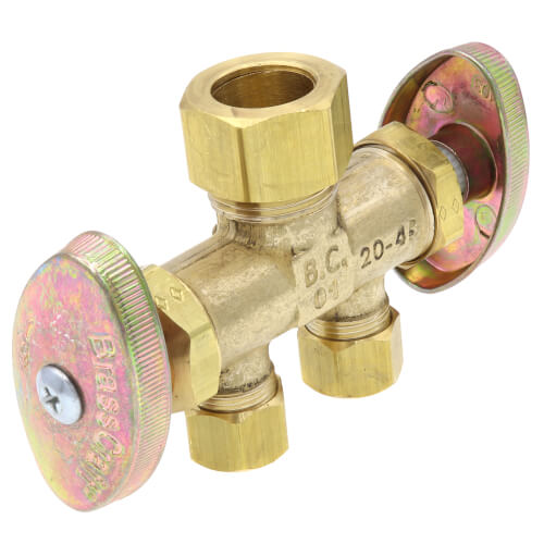 Main product image of 1/2" Nom Compression (5/8" OD) x 3/8" OD Compression x 3/8" OD Compression Dual Straight Supply Stop, Lead Free (Rough Brass)