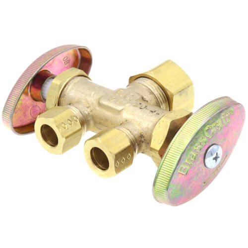 Main product image of 1/2" Nom Compression (5/8" OD) x 3/8" OD Compression x 3/8" OD Compression Dual Straight Supply Stop, Lead Free (Rough Brass)