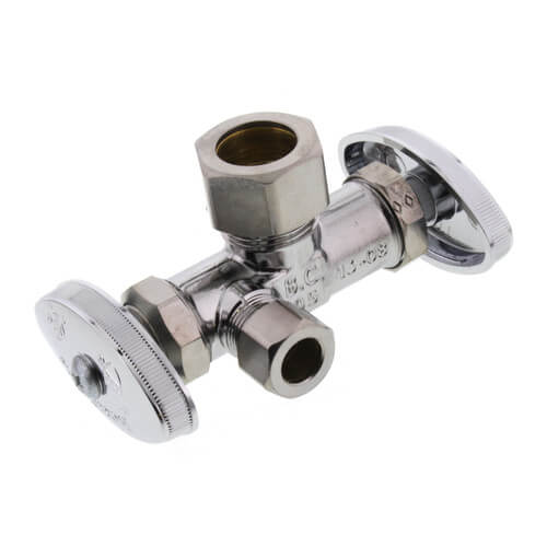 Main product image of 1/2" Nom Compression (5/8" OD) x 3/8" OD Compression x 3/8" OD Compression Dual Angle Supply Stop, Lead Free (Chrome)