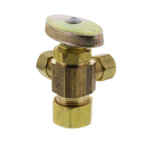 Main product image of 1/2" Nom Compression (5/8" OD) x 3/8" OD Compression x 3/8" OD Compression Dual Angle Supply Stop, Lead Free (Rough Brass)