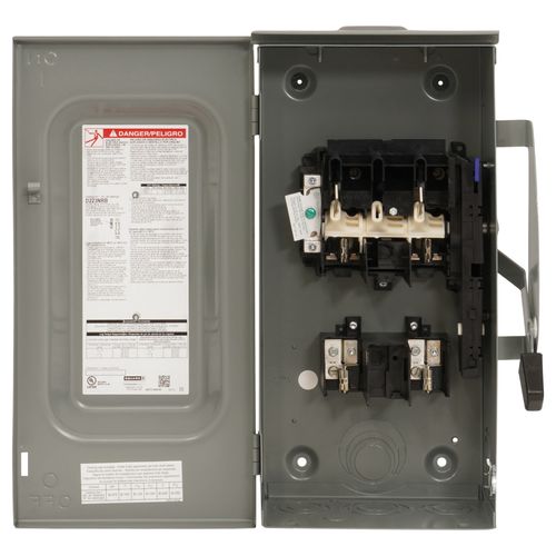 Main product image of 100A Fusible General Duty Safety Switch, 2 Pole, NEMA 3R Enclosure w/ Bolt on Hub Provision and Neutral (240VAC)