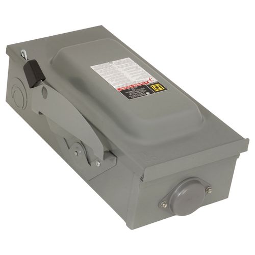 Main product image of 100A Fusible General Duty Safety Switch, 2 Pole, NEMA 3R Enclosure w/ Bolt on Hub Provision and Neutral (240VAC)