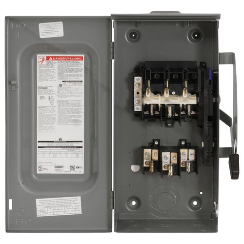 Main product image of 100A Fusible General Duty Safety Switch, 3 Pole, NEMA 3R Enclosure w/ Bolt on Hub Provision and Neutral (240VAC)