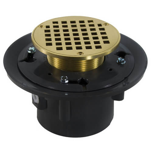 Main product image of 3" x 4" Polished Brass Heavy Duty Shower Drain w/ 5" Round Strainer