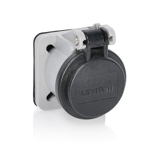 Main product image of 16 Series Panel Receptacle Enclosure w/ Automatic Closing Lid, Male/Female, Thermoplastic Housing and Cover, Stainless Steel Torsion Spring (Black)