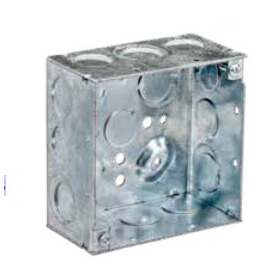 Main product image of 4" Square Welded Box, 2-1/8" Deep w/ 1/2" & 3/4" Eccentric Knockouts & MC Clamp