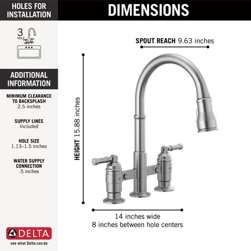 Main product image of Broderick 2 Handle Pulldown Bridge Kitchen Faucet (Arctic Stainless), 2390L-AR-DST