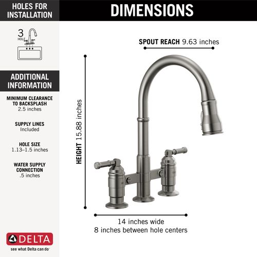 Main product image of Broderick 2 Handle Pulldown Bridge Kitchen Faucet (Black Stainless), 2390L-KS-DST