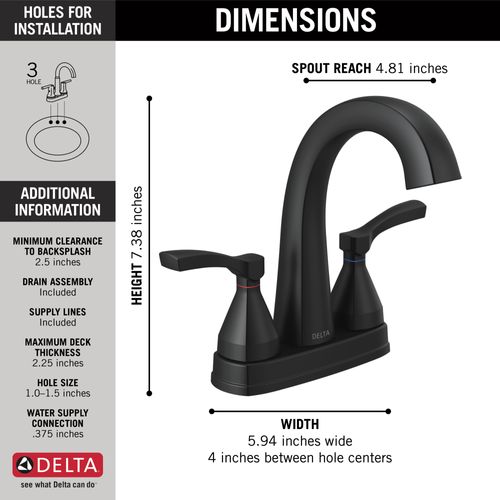 Main product image of Stryke Two Handle Centerset Bathroom Faucet, 1.2 GPM (Matte Black), 25775-BLMPU-DST