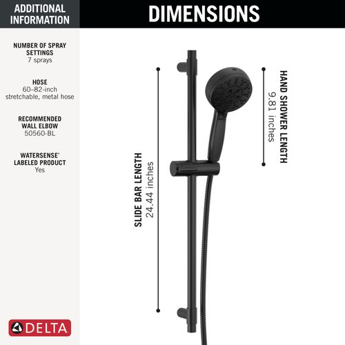 Main product image of 7-Setting Hand Shower w/ Slide Bar & Cleaning Spray (Matte Black), 51584-BL