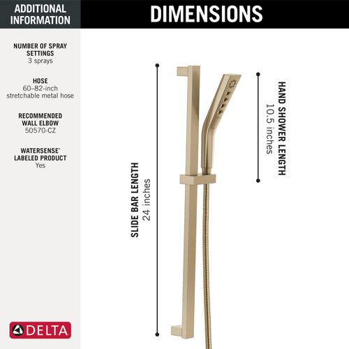 Main product image of H2Okinetic 3-Setting Slide Bar Hand Shower, 1.75 GPM (Lumicoat Champagne Bronze), 51799-CZ-PR