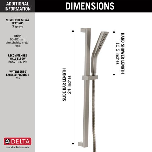 Main product image of H2OKinetic 3-Setting Slide Bar Hand Shower, 1.75 GPM (Lumicoat Stainless), 51799-SS-PR