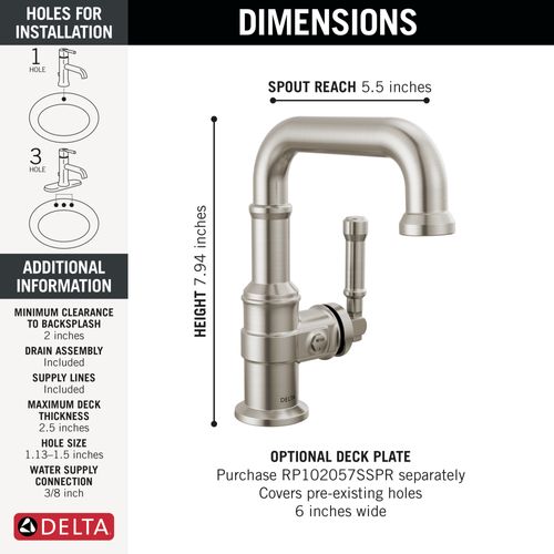 Main product image of Broderick Single Handle Bathroom Faucet, 1.2 GPM (Lumicoat Stainless), 584SH-SS-PR-DST