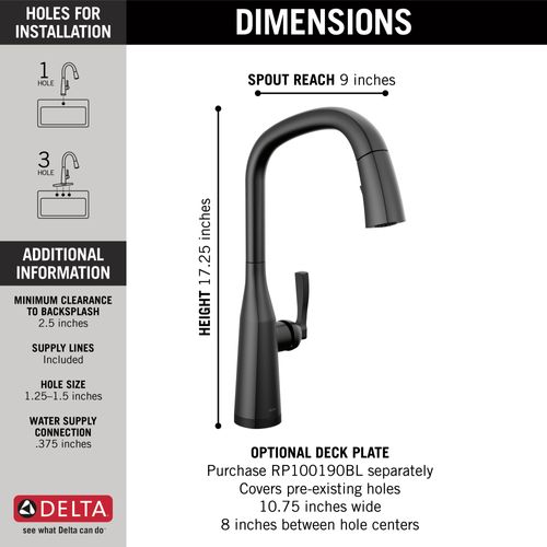Main product image of Stryke Single Handle Pull Down Kitchen Faucet with Touch 2O Technology, 1.8 GPM (Matte Black), 9176T-BL-DST
