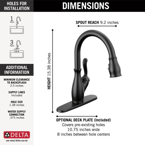 Main product image of Leland Single Handle Pulldown Kitchen Faucet w/ Touch2O, ShieldSpray Technologies (Matte Black), 9178T-BL-DST