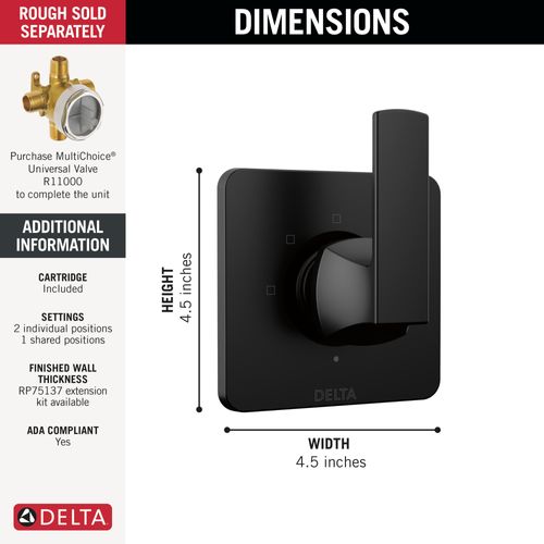 Main product image of Velum 3-Setting 2-Port Diverter Trim, T11837-BL (Matte Black)