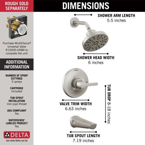 Main product image of Galeon 14S Tub Shower Trim with H2OKinetic, 1.75 GPM (Lumicoat Stainless), T14472-SS-PR