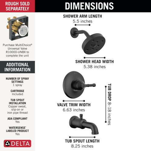 Main product image of Broderick 14 Series Tub Shower Trim, 1.75 GPM (Matte Black), T14484-BL