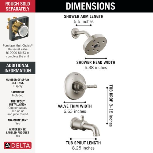 Main product image of Broderick 14 Series Tub Shower Trim, 1.75 GPM (Lumicoat Stainless), T14484-SS-PR