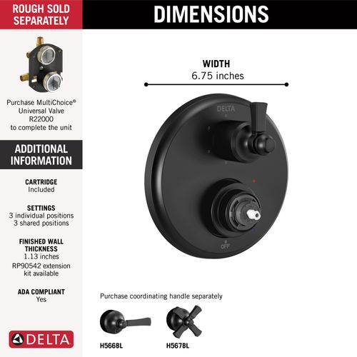 Main product image of Dorval Traditional 2-Handle Monitor 14 Series Valve Trim w/ 6 Setting Diverter (Matte Black), T24956-BLLHP