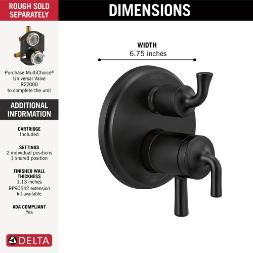 Main product image of Kayra 2-Handle Monitor 17 Series Valve Trim w/ 3- or 6- Setting Diverter (Matte Black), T27833-BL