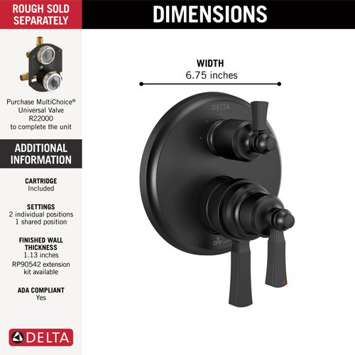 Main product image of Dorval Traditional 2-Handle Monitor 17 Series Valve Trim w/ 3 Setting Diverter (Matte Black), T27856-BL