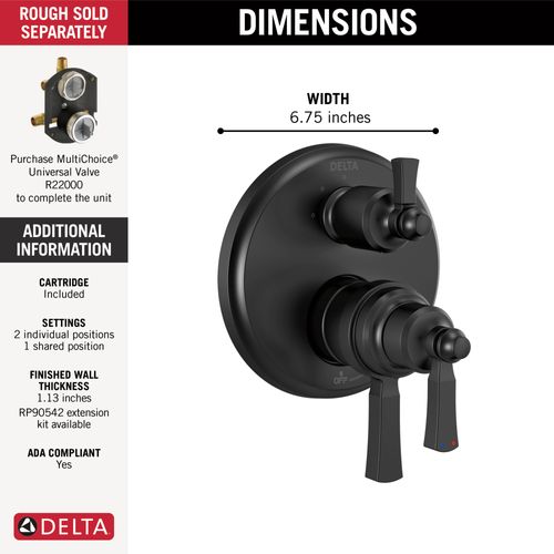 Main product image of Dorval Traditional 2-Handle Monitor 17T Series Valve Trim w/ 3 Setting Diverter (Matte Black), T27T856-BL