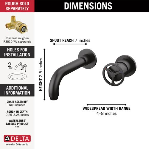 Main product image of Trinsic Single Handle Wall Mount Bathroom Faucet Trim, 1.2 GPM (Matte Black), T3558LF-BLWL