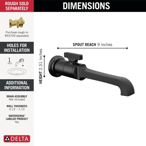 Main product image of Tetra Single Handle Wall Mount Bathroom Faucet Trim, 1.2 GPM (Matte Black), T3589LF-BLWL