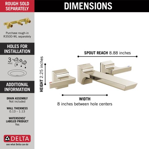 Main product image of Pivotal 2 Handle Wall Mount Bathroom Faucet Trim (Lumicoat Polished Nickel), T3599LF-PN-PR-WL