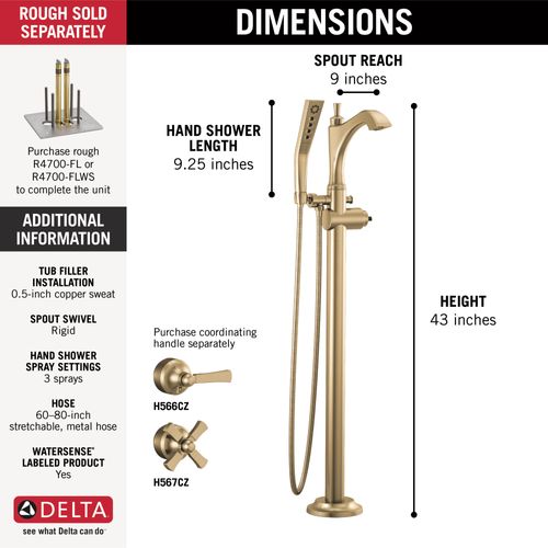 Main product image of Dorval Single Handle Floor Mount Tub Filler Trim, Less Handle (Champagne Bronze), T4756-CZLHP-FL