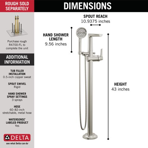 Main product image of Galeon Free Standing Tub Filler, 1.75 GPM (Lumicoat Stainless), T4771-SS-PR-FL