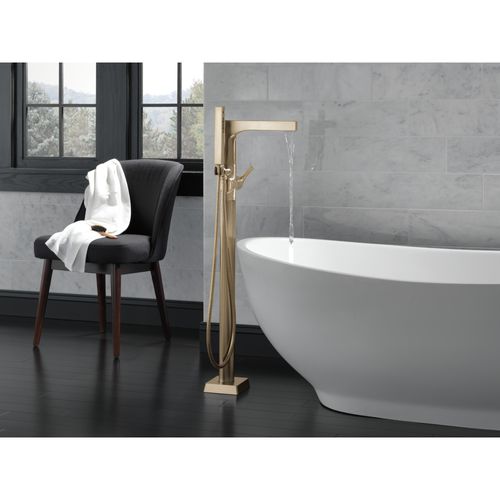 Main product image of Zura Single Handle Floor Mount Tub Filler Trim with Hand Shower, 1.75 GPM (Champagne Bronze), T4774-CZFL
