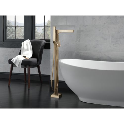 Main product image of Zura Single Handle Floor Mount Tub Filler Trim with Hand Shower, 1.75 GPM (Champagne Bronze), T4774-CZFL