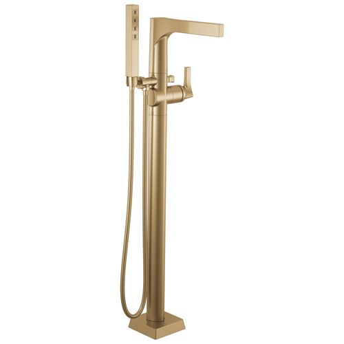 Main product image of Zura Single Handle Floor Mount Tub Filler Trim with Hand Shower, 1.75 GPM (Champagne Bronze), T4774-CZFL