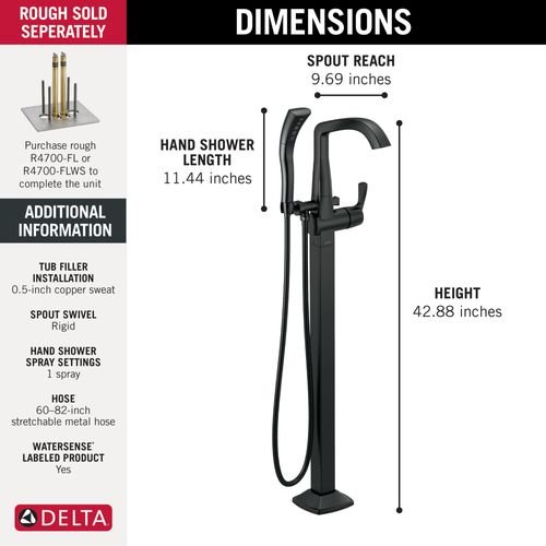 Main product image of Stryke Single Handle Floor Mount Tub Filler Trim (Matte Black), T4776-BLFL