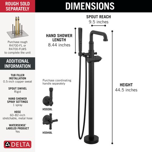 Main product image of Broderick Floor Mount Tub Filler Trim- Less Handle, 1.75 GPM (Matte Black), T4784-BLLHP-FL