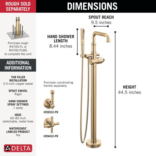Main product image of Broderick Floor Mount Tub Filler Trim- Less Handle, 1.75 GPM (Lumicoat Champagne Bronze), T4784-CZ-PR-LHP-FL