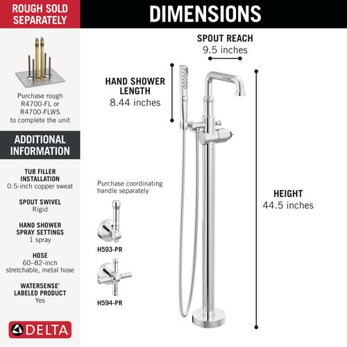 Main product image of Broderick Floor Mount Tub Filler Trim- Less Handle, 1.75 GPM (Lumicoat Chrome), T4784-PR-LHP-FL