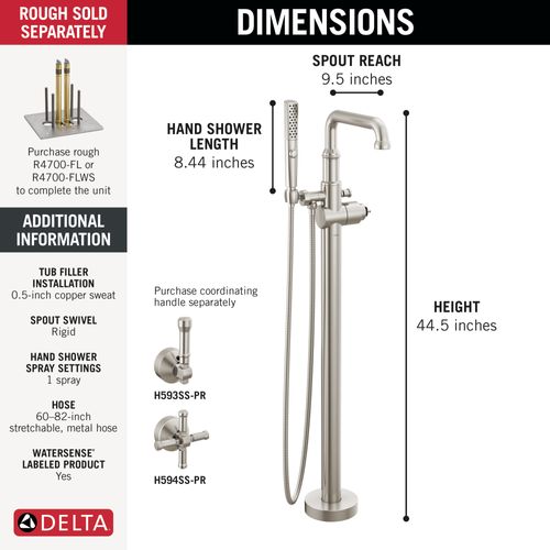 Main product image of Broderick Floor Mount Tub Filler Trim- Less Handle, 1.75 GPM (Lumicoat Stainless), T4784-SS-PR-LHP-FL