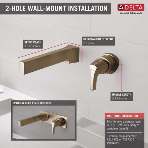 Main product image of Zura Single Handle Wall Mount Bathroom Faucet Trim, 1.20 GPM (Champagne Bronze), T574LF-CZWL