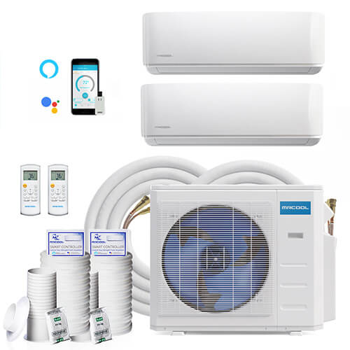 DIY 27,000 BTU, R-410A, 22 SEER2 Ductless Two Zone Heat Pump Package, 230V w/ 25ft Install Kit (18+12)