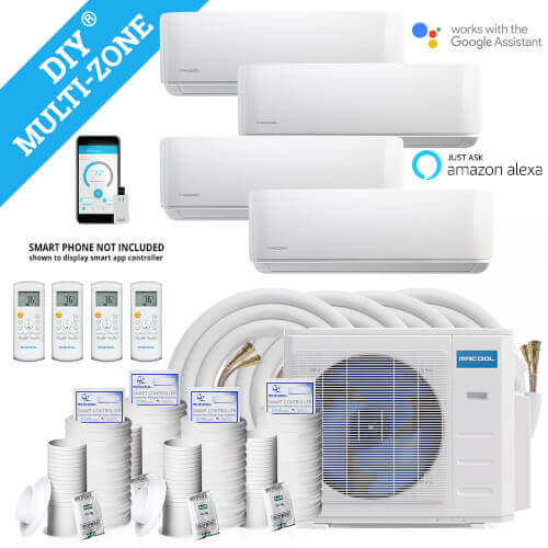 DIY 48,000 BTU 21.5 SEER Ductless Four Zone Heat Pump Package, 230V w/ 25ft Install Kit (9+9+12+18)