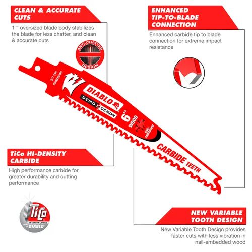 Main product image of 6" 5/7 TPI AMPED Demo Demon Carbide Teeth Reciprocating Saw Blade for Nail-Embedded Wood