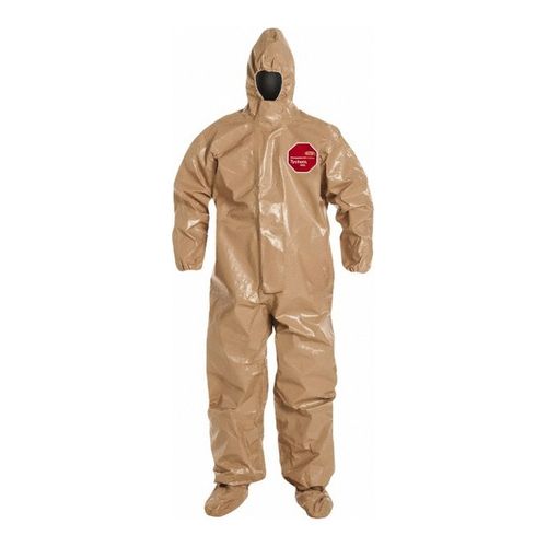 Main product image of Tychem 5000 C3128T Coverall w/ Respirator Fit Hood, Elastic Wrists, Socks w/ Outer Boot Flaps, Storm Flap; Adhesive Closure, Tan, Medium (Pack of 6)