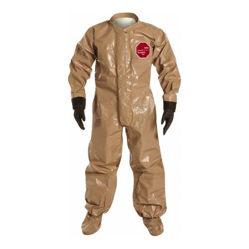 Main product image of Tychem 5000 C3184T Coverall w/ Collar, Attached Dual Layer Gloves, Socks w/ Outer Boot Flaps, Double Storm Flap; Hook and Loop, Tan, X-Large (Pack of 6)
