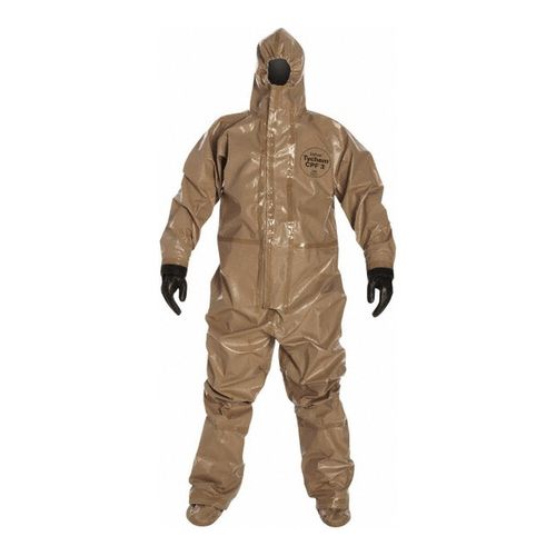 Main product image of Tychem 5000 C3185T Coverall w/ Respirator Fit Hood, Attached Dual Layer Gloves, Socks w/ Outer Boot Flaps, Double Storm Flap; Hook and Loop, Tan, Large (Pack of 6)