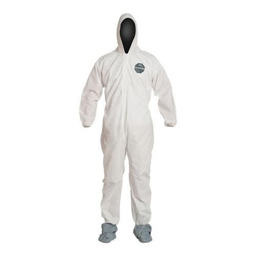 Main product image of ProShield 10 PB122S Coverall w/ Standard Hood, Elastic Wrists, Attached Skid-Resistant Boots, Storm Flap, White, 4X-Large (Pack of 25)